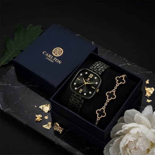 Carlton London Women’s Luxury Gift Set – Premium Square Black Dial Gold & Black Analog Watch and Four-Leaf Clover Charm Bracelet Combo Box | Ideal Anniversary, Birthday & Festive Gifting for Women