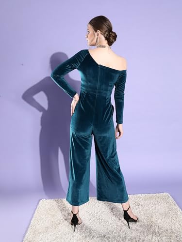 Miss Chase Women's One Shoulder Full Sleeve Solid Asymmetric Regular-Length Velvet Jumpsuit (MCSS23D98-49-83-05, Teal, L)