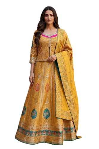 Aurelia Women's Mustard Ethnic Motifs Zari Jacquard Straight Top with Skirt and Dupatta Set - (AD10748-706117-M)
