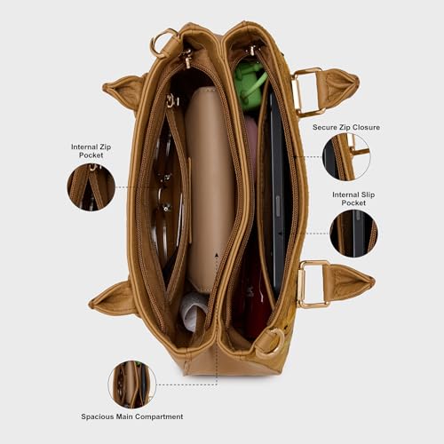 Caprese Siji Tresna Medium Satchel Bag for Women with Adjustable & Detachable Strap | Kashida Embroidery Shoulder Bag | Crossbody & Handheld Bag for Work, Travel, and Everyday Use (Brown)