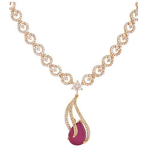 RATNAVALI JEWELS Red American Diamond Traditional Ruby Necklace Pendant Set with Earring for Women