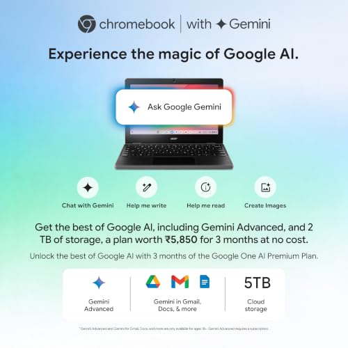Acer Chromebook, MediaTek Kompanio 540 Octa-Core Processor, 4GB RAM, 64GB eMMC, Full HD, 11.6"/27.94cm Display, Chrome OS, Black, 1.2 KG, C725, Arm Mali G57 Graphics, WiFi 6E Laptop