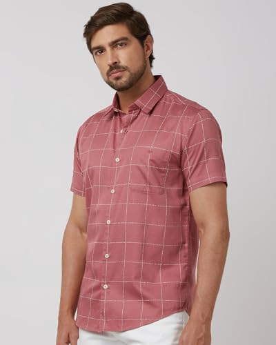 MUFTI Men Casual Shirt | Slim Fit Half Sleeve Spread Collar Checkered Design | 100% Cotton Breathable Fabric for Smart Casual & Everyday Wear| Muted Rose Pink 6XL