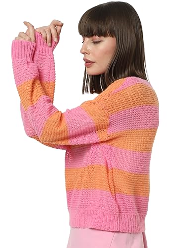 VERO MODA Women Colourblock Polyester Blend Regular Fit Pink Sweater