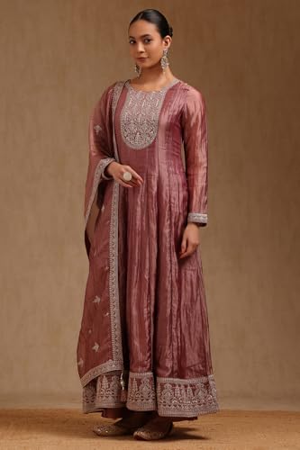 Soch Womens Onion Pink Tissue Embroidered Suit Set With Sequins