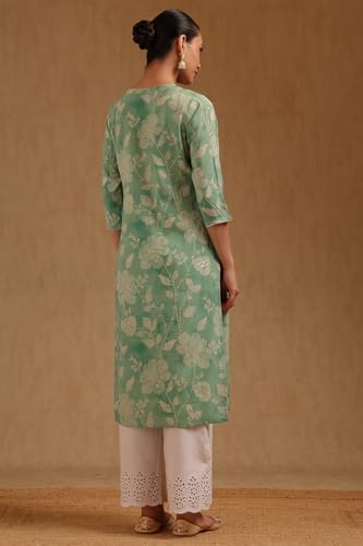 Soch Womens Light Green Muslin Botanical Print Kurta with Thread Work