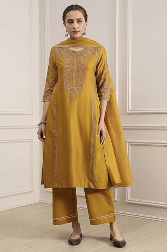 Biba Women Mustard Cotton Blend Kalidar Dyed Suit Set_34