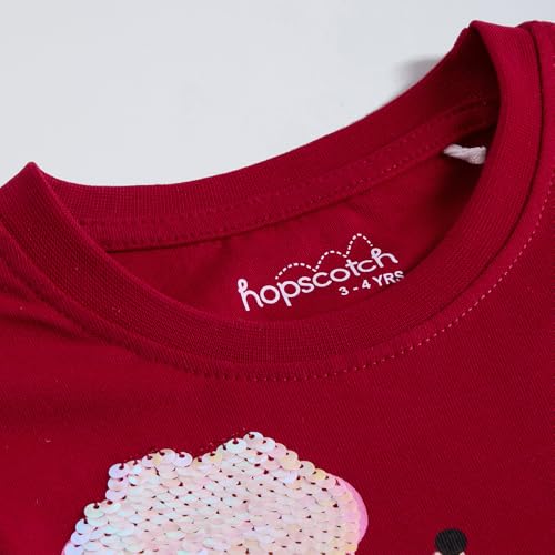 Hopscotch Girls Sequined Puppy Cotton T-Shirt in Red Color for Age (4-5 Years)