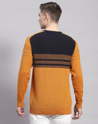 Monte Carlo Mens Mustard Solid Round Neck Full Sleeve Cotton Blend Casual Sweater (1239264RN-2-40)