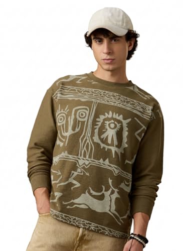 The Souled Store Nomad: Stone Carvings Men and Boys Long Sleeves Round Neck Green Printed Tribal Drop Shoulder Casual Streetwear Oversized Full Sleeve T-Shirt