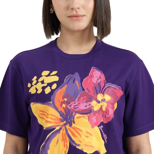 United Colors of Benetton Round Neck Floral T-Shirt (Size : XL) - 26P3099W3F11IV19 Purple