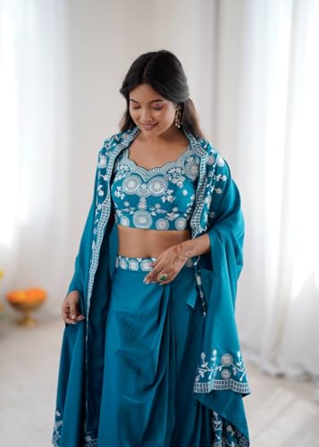 MARUTI FASHION HOUSE Lehenga Choli Indo-Western Draped Saree Set For Womens And Girls Ready To Wear Hevay Crep Silk Fabric With Work Multi Thread Embroidery Coding Sequence Light teal