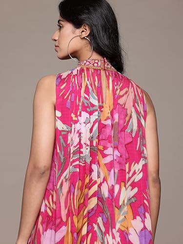 Ritu Kumar Band Collar Sleeveless Long Dress Fushcia