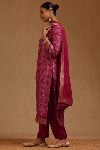 Soch Womens Magenta Dola Silk Bandhani Print Suit Set With Sequins