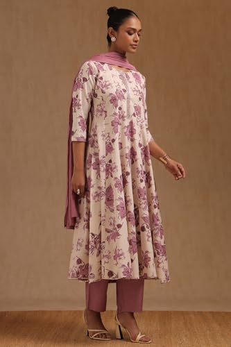Soch Womens Onion Pink Pure Cotton Floral Print Suit Set Cutdana