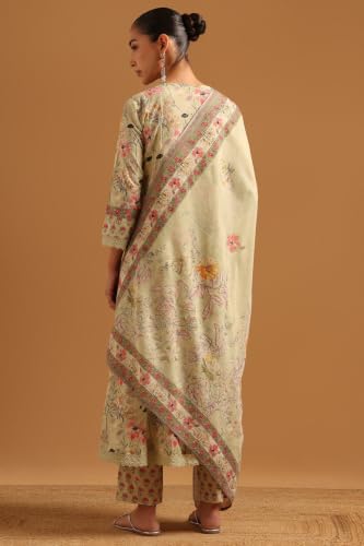 Soch Womens Light Green Cotton Digital Printed Botanical Lace-Detail Salwar Suit