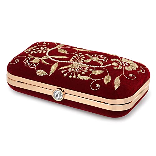 For The Beautiful You Maroon Embroidered Women's Clutch (D-705)