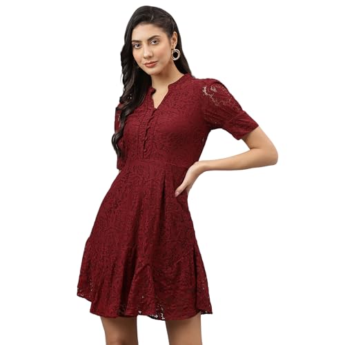 Latin Quarters Women Maroon V-Neck Short Sleeves Fit and Flare Mini Dress for Casual_L