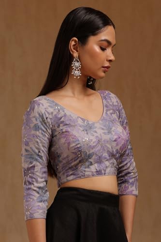 Soch Womens Lavender Organza Floral Print Padded Blouse with Zari