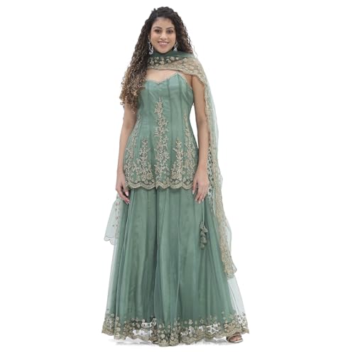 BIBA Women Green Net Embroidered Kalidar Suit Set_30