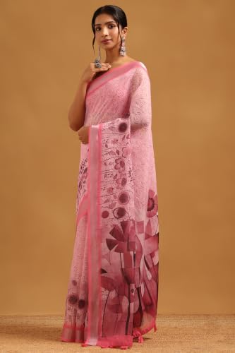 Soch Womens Pink Linen Botanical Saree