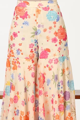 W for Woman Off-White Floral Printed Sleeveless Flared Chiffon Kurta and Sharara Set with Dupatta (Size: 2XL)-24AUWS12585-124166