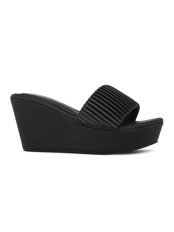 pelle albero Women's Latest Trendy Black PU upper Slip-On Heels Wedge Sandals