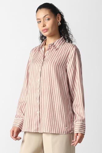 Women Pink Stripe Long Sleeves Formal Shirt