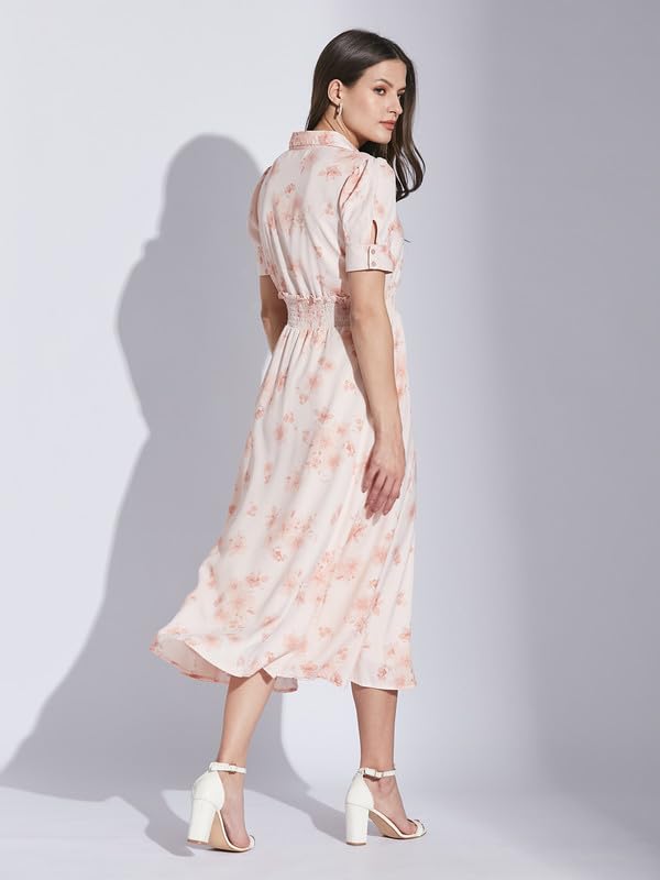 Latin Quarters Women Pink Shirt Collar Half Sleeve Floral Dress_M