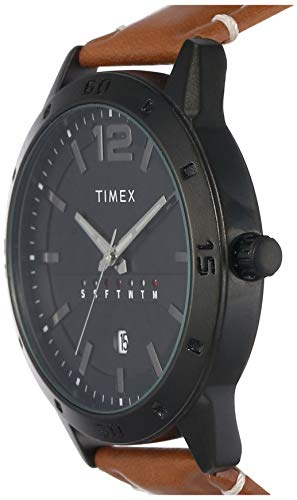 TIMEX Analog Watch for man with Black Round Dial & Tan Leather Strap Band Water Resistant Men's Wrist Watches - TW000U934