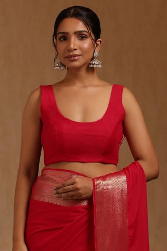 Soch Womens Fuchsia Georgette Solid Saree With Zari Woven Border And Pallu