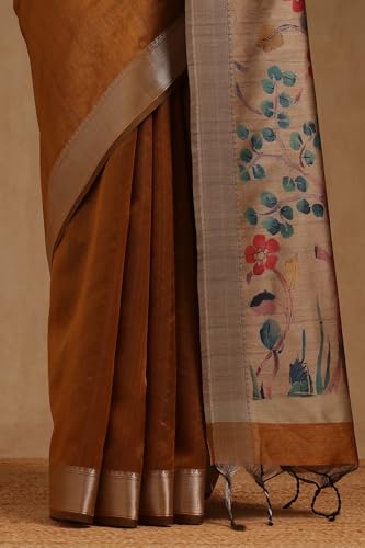 Soch Womens Mustard Tussar Floral Printed Saree