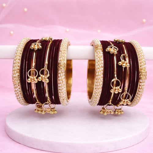STREE STORE Gold Plated Chooda Set | Maroon Velvet Bangles, Beads & Kashmiri Ghunghri Design | Traditional Bridal Jewellery Set of 32 Bangles for Women | Premium Imitation Jewellery