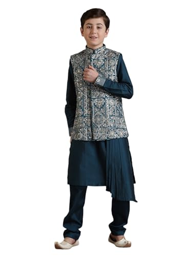 Manyavar Blended Viscose Self Design Kurta Jacket Pyjama Set for Child(6-8 years)