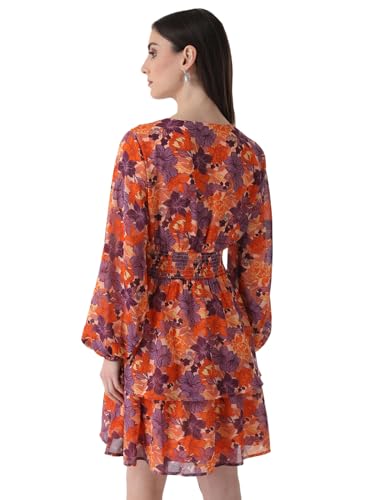 Kazo Solid V Neck Poly Blend Women's Mini Dress (Peach, Small)