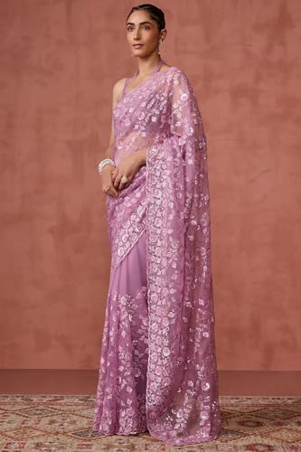 Soch Womens Light Lavender Georgette Embroidered Saree