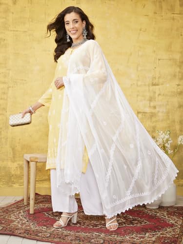 Ada Hand Embroidered Lucknowi Chikankari Chiffon Dupatta Stole for Women A511216 White