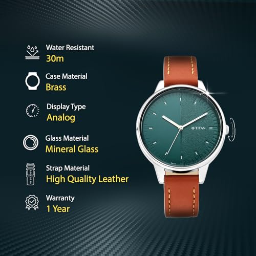 Titan Workwear Quartz Analog Teal Green Dial Tan Leather Strap Watch for Women - 2648SL01