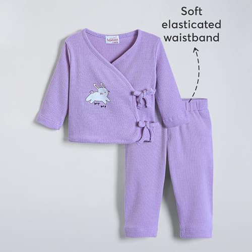 Hopscotch Unisex Full Sleeves Purple 2-Pc Textured Wrap Style Cotton Pajama Set (0-3 Months)