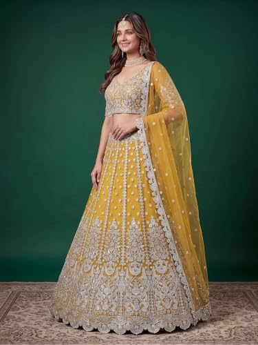 Zeel Clothing Women's Zari Sequins Embroidered Work Soft Net Lehenga Choli With Dupatta (6013-Yellow-Womens-Lehenga-Choli-New; Free size)