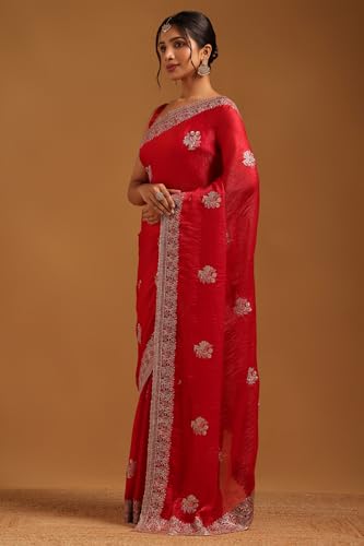 Soch Womens Red Fendy Organza Floral Saree With Stone Work