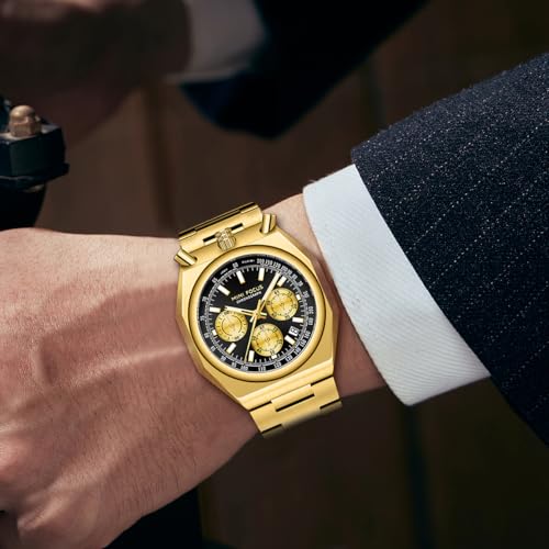 MF MINI FOCUS Unique Dress Men Watches (Chronograph/Waterproof/Luminous/Calendar) Big Face Stainless Steel Band Watches for Men, Black_Golden