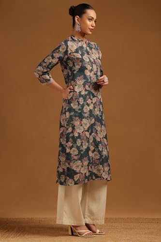 Soch Womens Grey Linen Floral Kurta