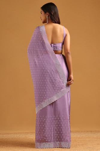 Soch Womens Lavender Satin Stone Embellished Saree