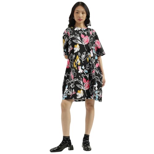 United Colors of Benetton Round Neck Floral Print Dress (Size: XXL)-25A3SOCPT733I901 Black