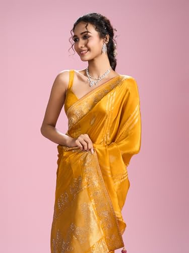 MOHEY Women's Art Silk Stone Work, Weave Saree with Blouse Piece(Mustard Yellow)