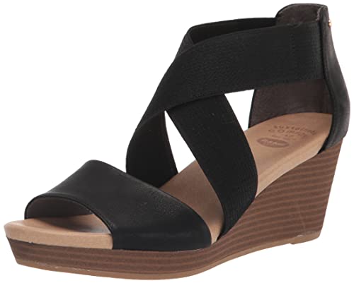 Dr. Scholl's Women's Barton Band Wedge Sandal, Black Smooth, 6.5