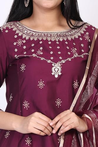 W for Woman Purple Embroidered Zari Sequined Straight Silk Blend Kurta with Straight Pant and Dupatta Set (WS13398-126131-S)