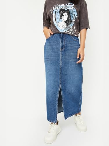 Max Women Washed Denim Skirt (Blue_30)