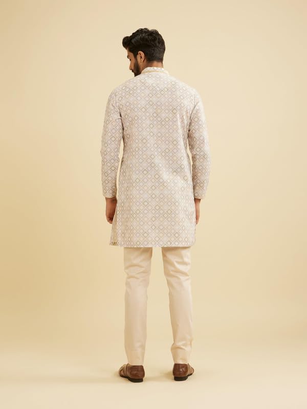 Manyavar Blended Cotton Men's Digital Print Kurta (Cream,XL)